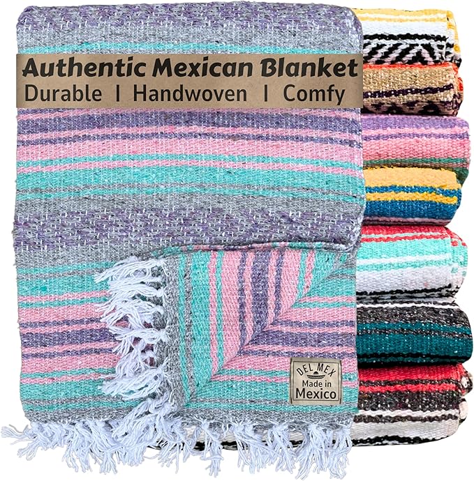 Del Mex Classic Mexican Blanket, Large Authentic Woven Falsa Throw (70"x50"), Artisan Southwest Décor for Beach, Yoga, Outdoors (Mint/Pink/Gray)-Ruum Studio Home