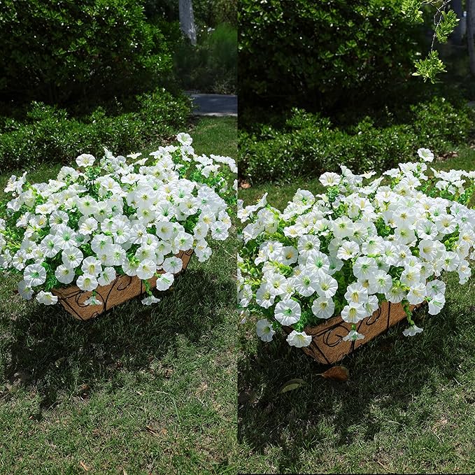 Artificial Flowers for Outdoors Fake Plants Outside Decoration, 12 Bundles Silk White Morning Glory UV Resistant Look Real Faux Flowers for Planter Front Door Porch Patio Yard Gardens Balcony-Ruum Studio Home