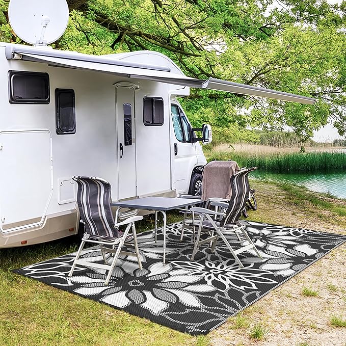 GENIMO Outdoor Rug Waterproof for Patio Decor, 8' x 10' Reversible Plastic Straw Floral Camping Carpet, Large Area Rugs Mats for RV, Camper, Deck, Balcony, Porch, Beach, Picnic, Black & White-Ruum Studio Home