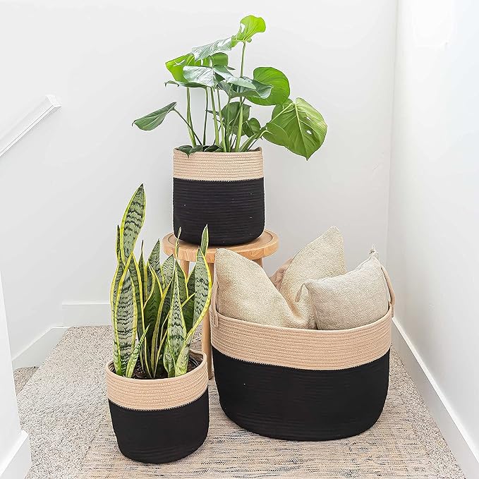 OrganiHaus Woven Laundry Basket, Large Cotton Rope Blanket Holder with Handles, Soft & Sturdy Nursery Hamper, Decorative Toy Bin for Living Room Organization 20x13 inches - Black/Honey-Ruum Studio Home