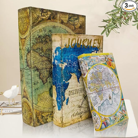 Decorative Book Box Set of 3, Fake Book Trinket Keepsake Storage Boxes with Ancient World Map Pattern, Graduation Gift-Ruum Studio Home