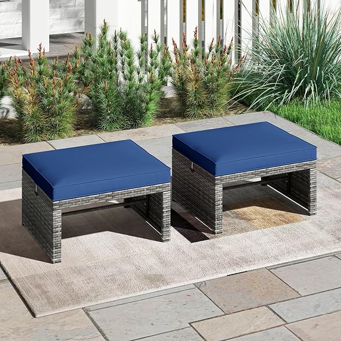 Tangkula 2 Pieces Patio PE Rattan Ottomans, Multipurpose Outdoor Footstool Footrest Additional Seating Side Table with Soft Zippered Cushions for Deck, Garden, and Yard (Navy Blue)-Ruum Studio Home