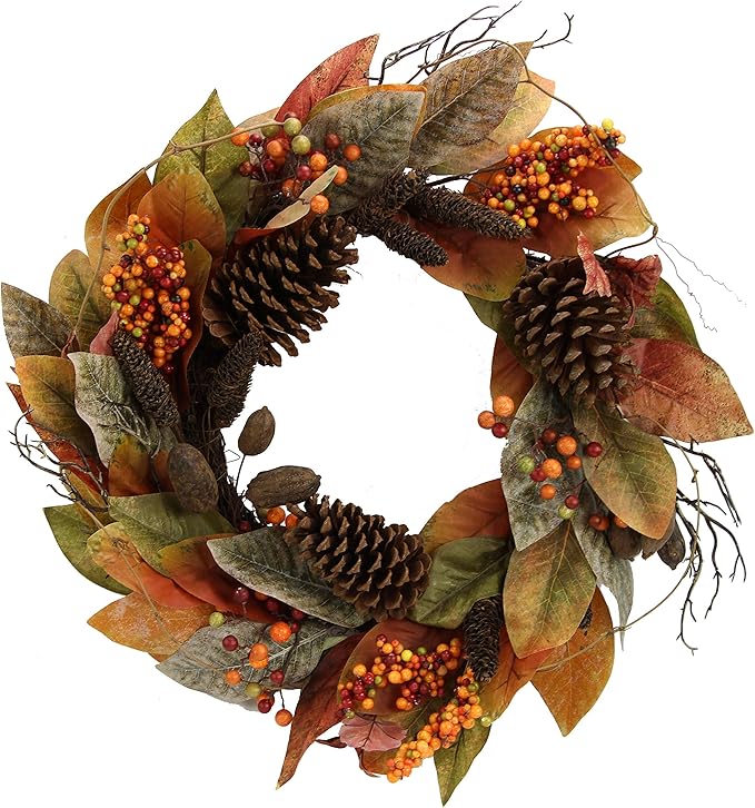 Admired By Nature 24 Inch Artificial Fall Magnolia Leaf Vine Berry Wreath Autumn Leaves For Wall Fornt Door Home Office Farmhouse Thanksgiving Harvest Cemetery Wreaths Indoor Outdoor, Orange-Pinecones-Ruum Studio Home