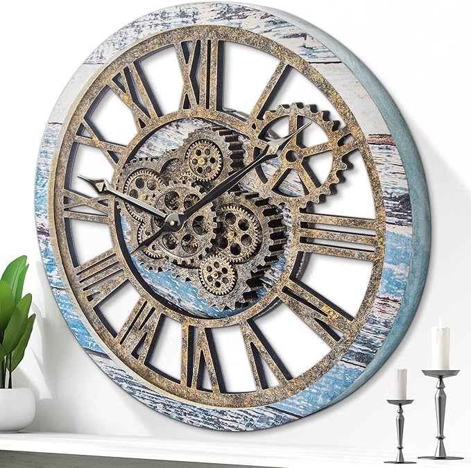 HOIBAI Large Wall Clock, Wall Clocks for Living Room Decor 20 Inch Farmhouse Vintage Rustic Kitchen Wall Decor Vintage Roman Oversized Wall Clock for Home Bedroom House Office, Moving Gears Clock-Ruum Studio Home