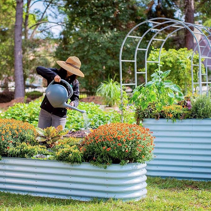 Vego garden 32" Extra Tall Raised Garden Bed Kits, 6 in 1 Modular Raised Planter Box for Vegetables Flowers Fruits Oval Metal Raised Garden, Sky Blue-Ruum Studio Home