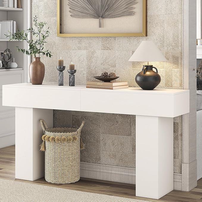 63 Inch Long Console Table for Entryway, Farmhouse Wood Rectangular Sofa Table Behind Couch Table, Narrow Entryway Table for Living Room, Entrance, Hallway, Foyer, Easy Assembly (Classic White)-Ruum Studio Home