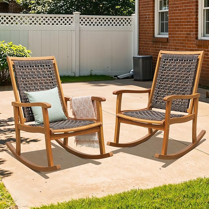 Idzo Wood Wicker Rocking Chair, 400 lbs Capacity, Durable Eucalyptus Wood, Natural Finish, Comfortable Curvy Design, Ideal for Deck, Patio Furniture, Teak Outdoor Furniture, Set of 2-Ruum Studio Home