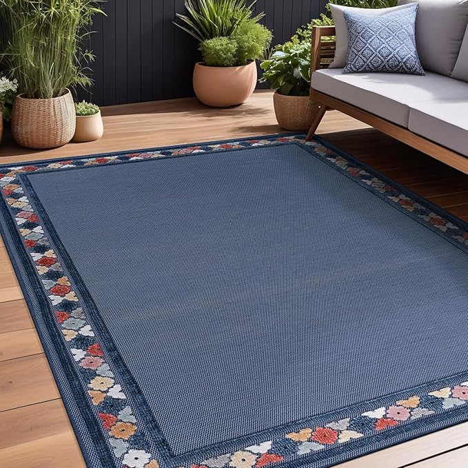 Beverly Rug Outdoor Rug 9x12 Modern Bordered Large Area Rugs for Indoor and Outdoor Patio Easy to Clean Non Shedding Living Room Porch Garden Washable Outside Carpet (9 x 12 Blue)-Ruum Studio Home