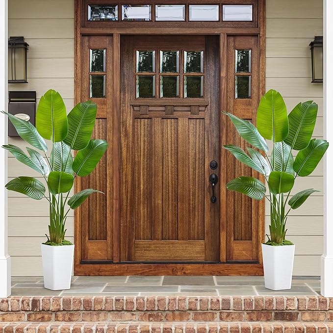Lifelike Bird of Paradise Silk Artificial Plant Faux Banana Leaf Tree for Home Decor - Perfect Indoor Floor Plant with 9 Trunks (1, White Tall Planter, 5 FT)-Ruum Studio Home