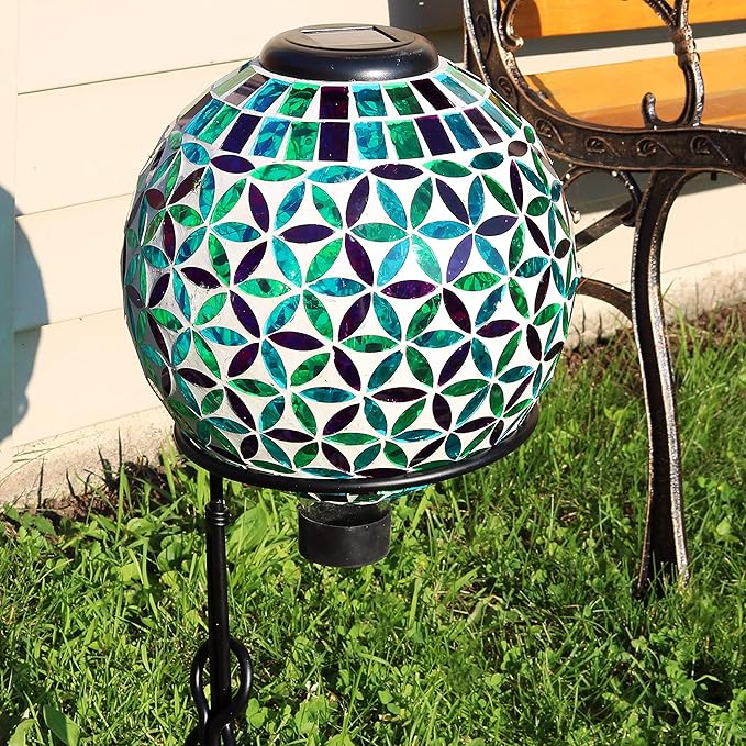Sunnydaze Cool Blooms 10" Mosaic Glass Garden Gazing Globe with LED Solar Light - Set of 2-Ruum Studio Home