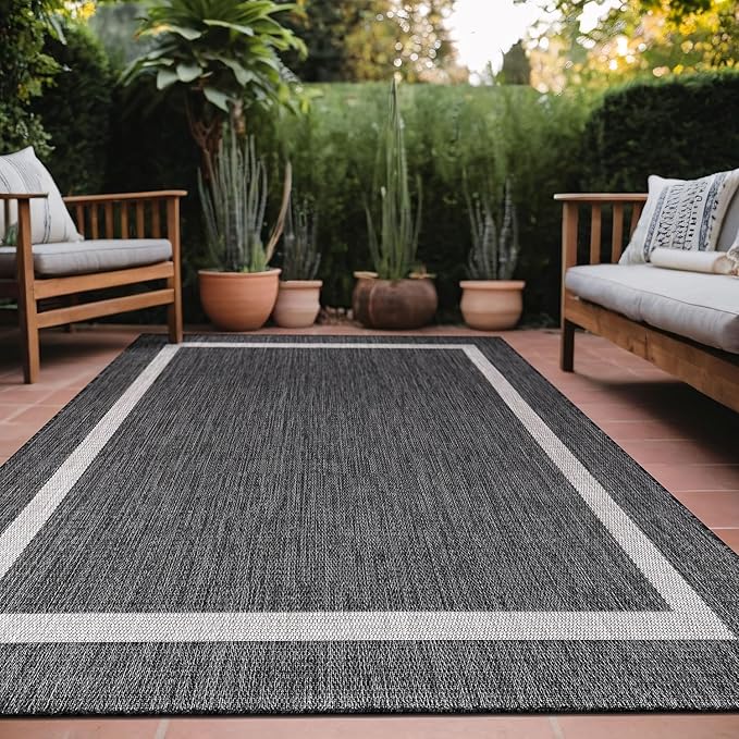 Bordered Outdoor Rug 9x12 Washable Outside Carpet for Indoor Patio Porch Waterproof Easy Cleaning Non Shedding Area Rugs Gray 9 x 12-Ruum Studio Home