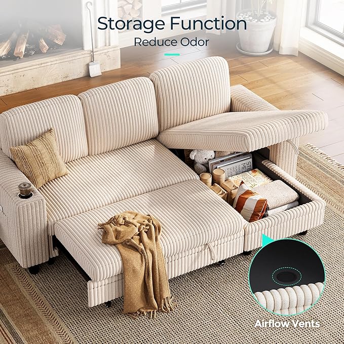 LINSY HOME Sectional Sleeper Sofa with Pull Out Couch Bed - Convertible Plush Corduroy Cloud Couch with Storage Chaise & USB Charging, Comfy L Shaped Modular Couches for Living Room Apartment, Beige-Ruum Studio Home