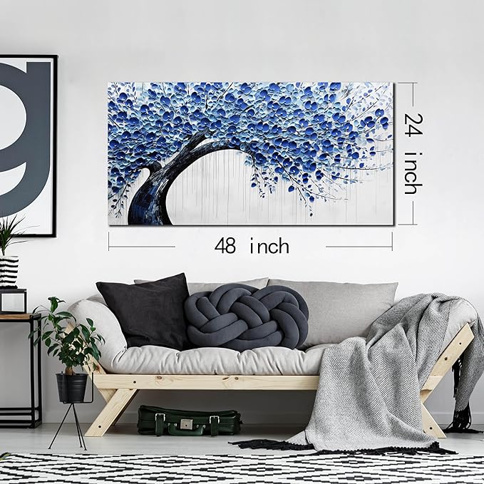 Large Wall Art for Living Room Bedroom Home Office Blue Tree of Life Wall Art Floral Picture Framed Wall Decor Modern Canvas Prints 24x48 In-Ruum Studio Home