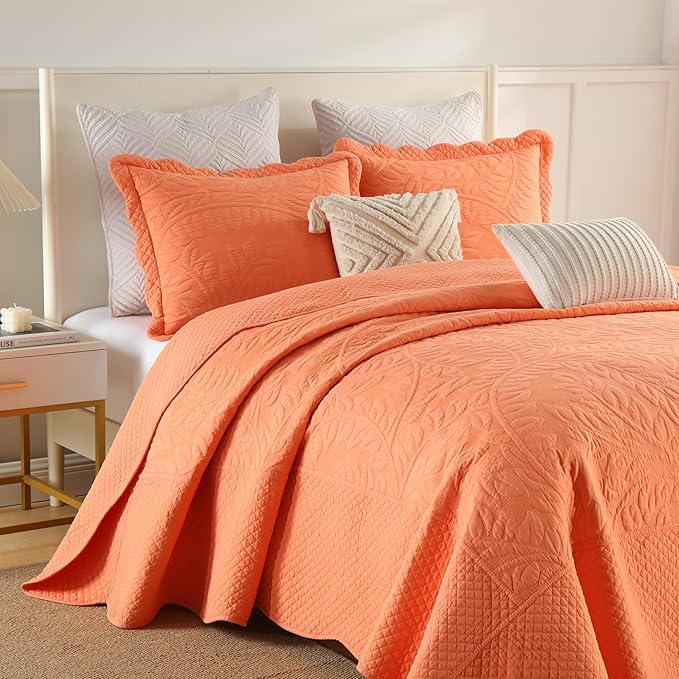 MarCielo 3-Piece 100% Cotton Oversized Bedspread Lightweight Quilt Coverlet Embroidery Farmhouse Bedding Set T0 (Salmon, Oversized King (118"x106"))-Ruum Studio Home