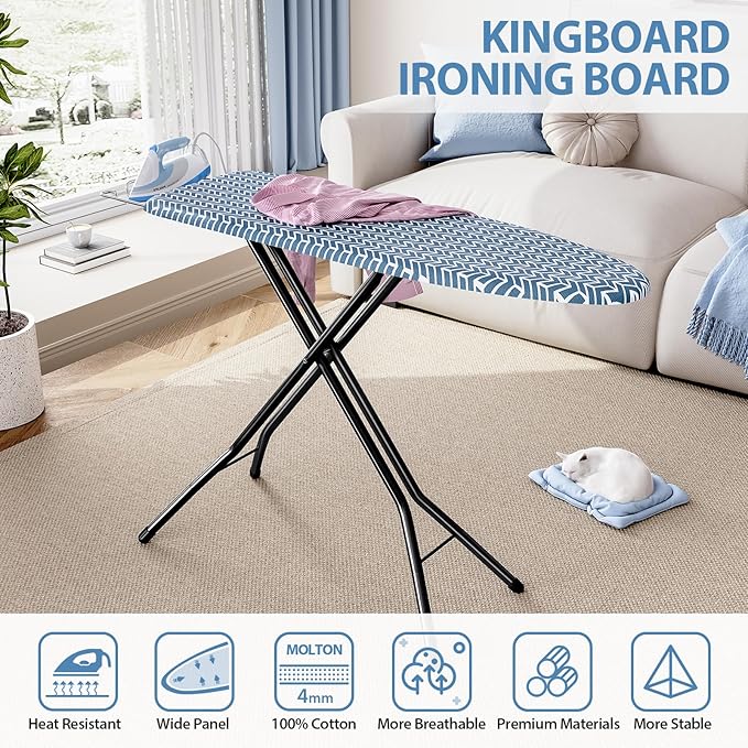 KINGBOARD Ironing Board, Foldable Iron Board with Iron Rest, Compact Ironing Board with Height Adjustable, Extra Thick Heat-Resistant Cover, Heavy-Duty Sturdy Metal Legs, 43x13 Blue-Ruum Studio Home