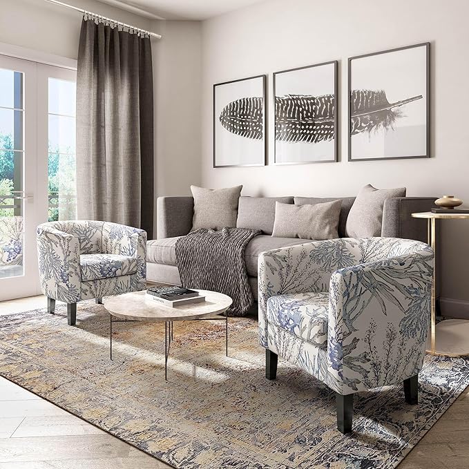 BELLEZE Living Room Chairs Set of 2, Linen Round Accent Barrel Chairs, Club Tub Sofa Chairs for Bedroom, Corner Chairs with Flared Legs and Cozy Soft Padding - Highland (Blue Coral)-Ruum Studio Home