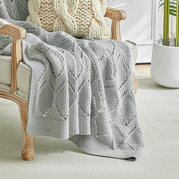 Longhui bedding Chunky Cotton Knit Throw Blanket for Couch, Sofa, Bed, or Chair, Decorative Breathable Fall Cable Knit Blanket 51 x 63 Inches, Grey-Ruum Studio Home