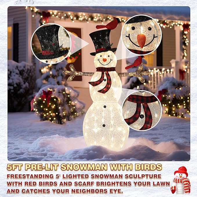 5FT Lighted Snowman with Birds for Christmas Decoration, 3D Pre-Lit Iridescent Snowman Xmas Decor with 90 LED Lights, Glittered Standing Holiday Display for Outdoor, Indoor-Ruum Studio Home
