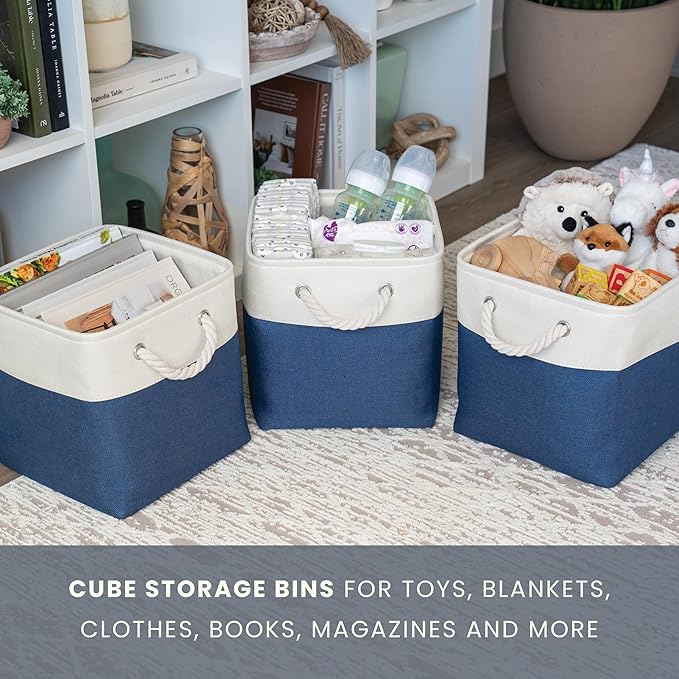 OrganiHaus 12x12 Cube Storage Bins 4 Pack, Foldable Cube Storage Organizer w/ Rope Handles, Collapsible Fabric Bins for Toys, Clothes & Closet Organization, Fabric Square Baskets - Navy Blue-Ruum Studio Home