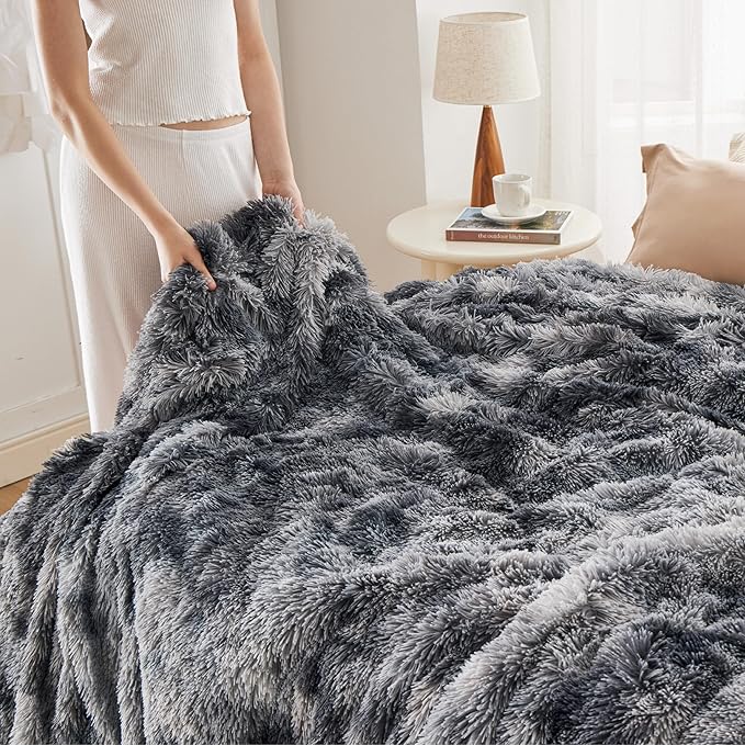 Bedsure GentleSoft Fuzzy Faux Fur Sherpa Fleece Blanket Twin Size, Plush Thick Warm Twin Blanket for Bed, College Dorm Essentials Gifts for Girls Boys, Tie Dye Grey Decor for Winter, 60x80-Ruum Studio Home
