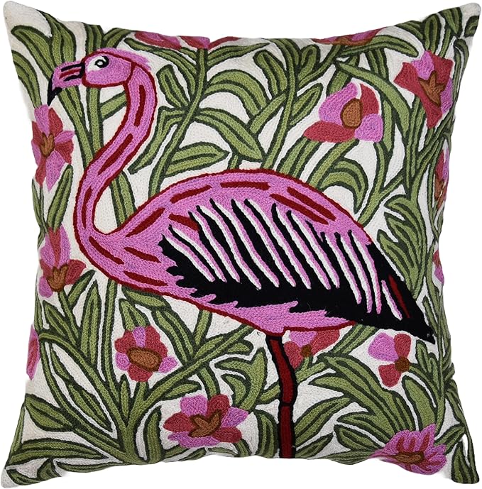 William Morris Flamingo Floral Pillow Cover - Hand Embroidered Modern Flower Pillowcase, Outdoor Cushion, Suzani Farmhouse Chair Throw, Couch Cushions - Wool, Size 18x18-Ruum Studio Home