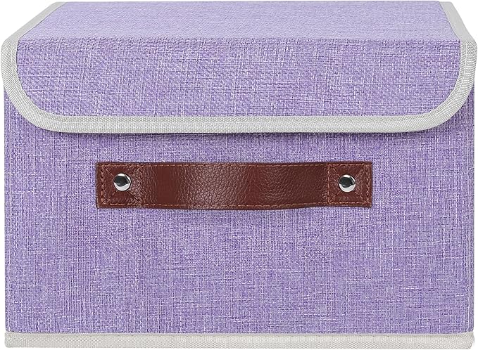 ANMINY Storage Bin with Lid Storage Boxes with PU Leather Handles PP Plastic Board Decorative Foldable Lidded Cotton Linen Fabric Home Cubes Baskets Closet Organizer Container - Purple, Small Size-Ruum Studio Home