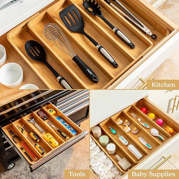 SMIRLY Silverware Drawer Organizer – Bamboo Kitchen Drawer Organizer, Adjustable Utensil Holder and Cutlery Tray, Drawer Dividers for Flatware and Kitchen Utensils-Ruum Studio Home