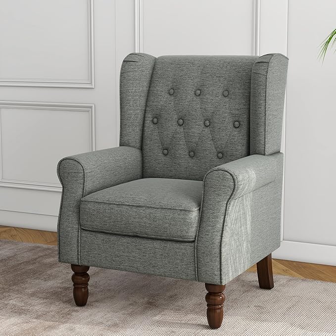 Lumibee High Back Accent Chair,Upholstered Wingback Armchair with Solid Wood Legs for Small Spaces,Comfy Single Sofa Chair for Living Room,Bedroom,Office-Gray-Ruum Studio Home