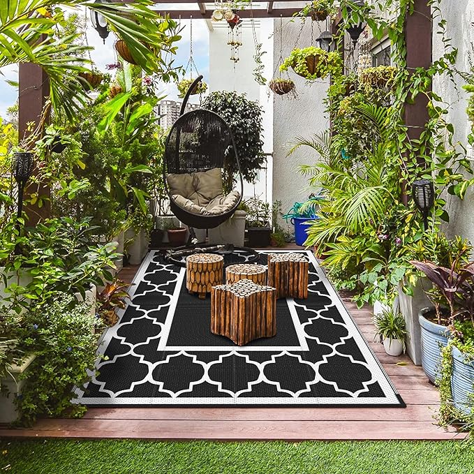 GENIMO 6' x 9' Outdoor Rug Waterproof for Patio Decor, Foldable Reversible Plastic Straw Area Rugs Mat for Camper, Morden Carpet for Outside, Rv, Deck, Porch, Picnic, Beach, Balcony, Black & White-Ruum Studio Home
