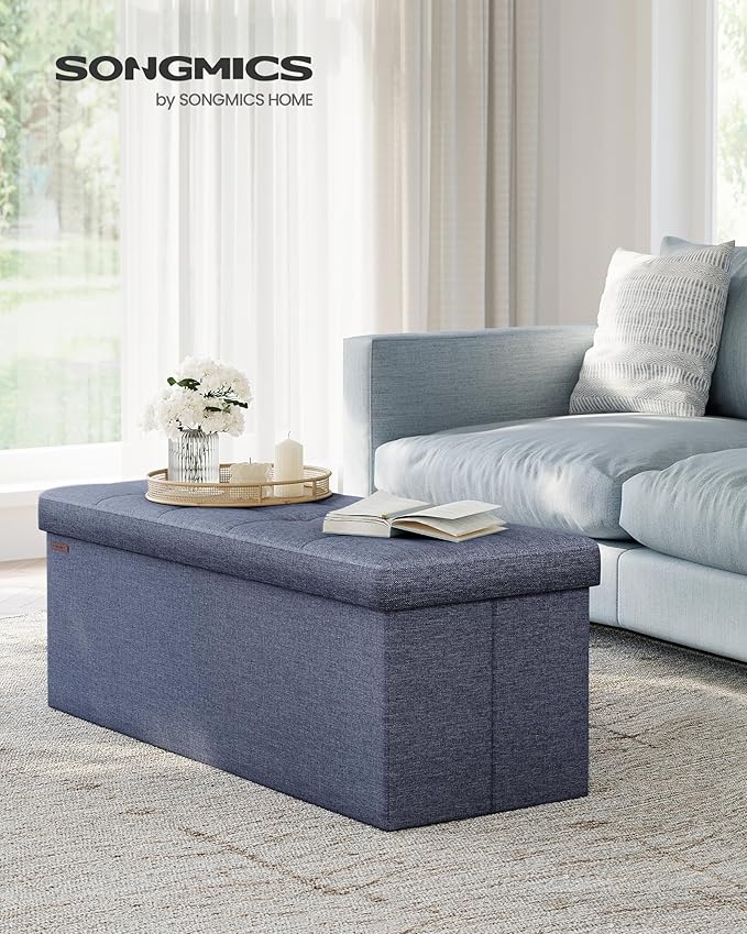 SONGMICS MAZIE Collection - 43 Inches Folding Storage Ottoman Bench, Ottoman Foot Rest, End of Bed Bench, Storage Chest, Load 660 lb, for Living Room, Bedroom, Entryway, Misty Blue ULSF077Q01-Ruum Studio Home