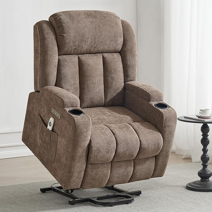 Power Lift Recliner Chair for Elderly with Massage and Heat, Reclining Sofa Chair with USB & Type-C Ports and Cup Holders, L1188(Brown)-Ruum Studio Home