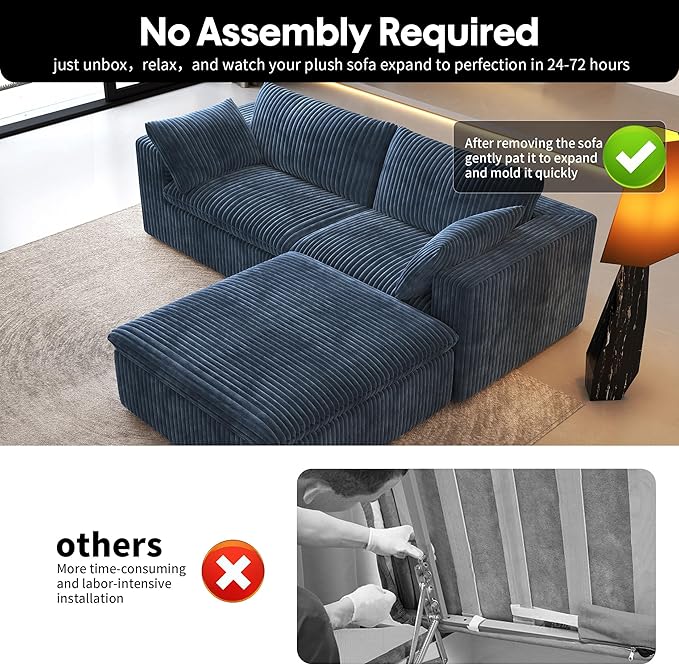 78.74" L Shaped Modern Sofa Modular Sectional Cloud Couch with Ottoman,Upholstered Couches with Plush Corduroy Fabric for Living Room Furniture,Bedroom and Apartment,No Assembly Required,Blue-Ruum Studio Home