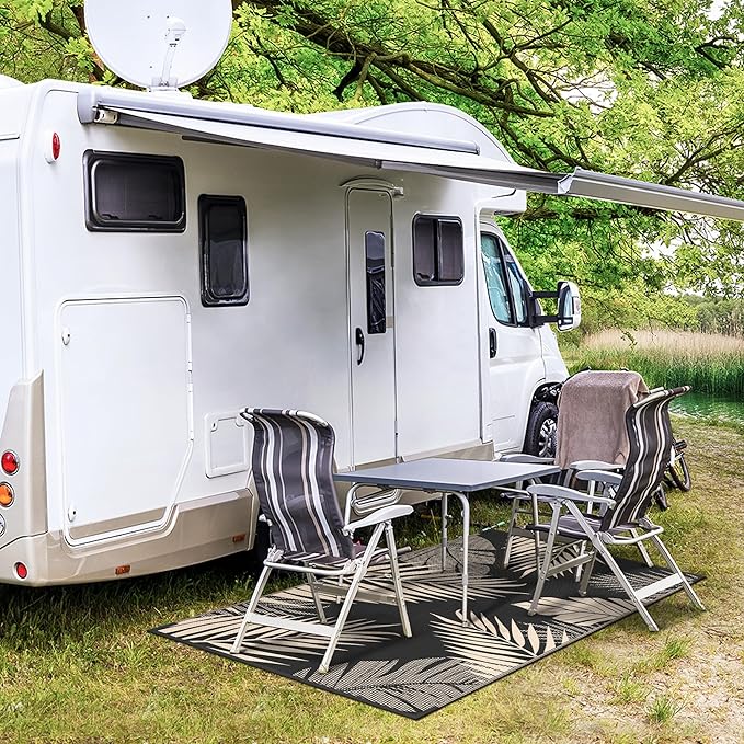 GENIMO Outdoor Rug 3' x 5' Waterproof for Patios Clearance, Reversible Outdoor Plastic Straw Camping Rug Carpet, Large Area Rugs Mats for RV, Camper, Deck, Balcony, Porch, Beach, Picnic, Black&Beige-Ruum Studio Home