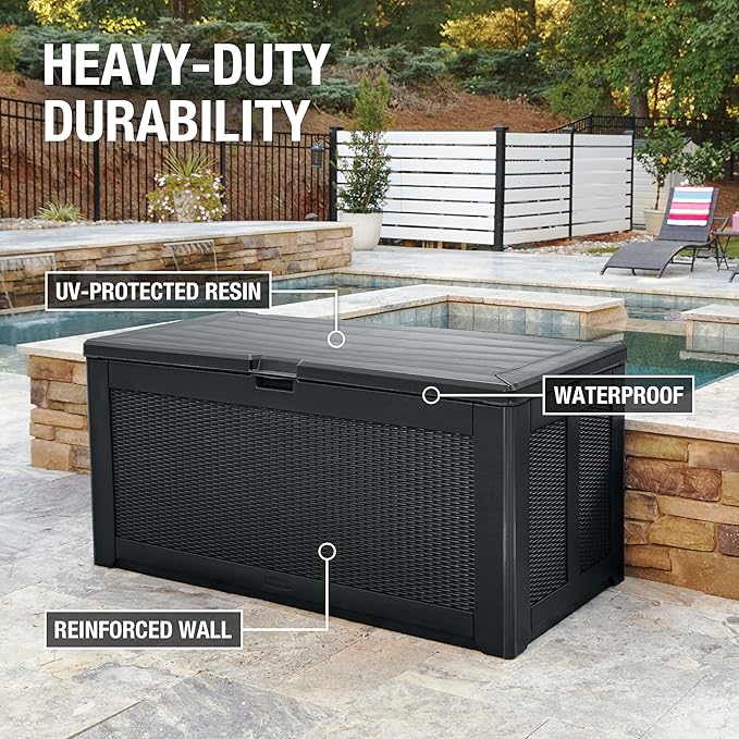 Rubbermaid Extra Large Resin Outdoor Storage Deck Box (134 Gal), Weather Resistant, Black, Deck Organization for Home/Backyard/Pool Chemicals/Toys/Garden Tools/Porch/Patio Cushions-Ruum Studio Home