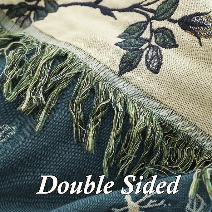 Snycler Boho Throw Blanket for Bed - 100% Cotton Ultra Soft Rustic Quilt Blanket Green Floral Bird Printed Farmhouse Decor Bed Blankets, 60"×80" All Season Rustic Throw for Sofa Chair Couch-Ruum Studio Home