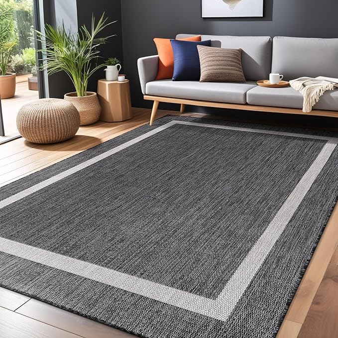 Bordered Outdoor Rug 9x12 Washable Outside Carpet for Indoor Patio Porch Waterproof Easy Cleaning Non Shedding Area Rugs Gray 9 x 12-Ruum Studio Home