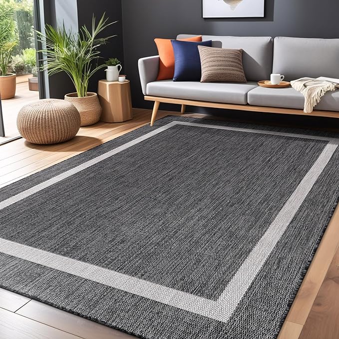 Bordered Outdoor Rug 6x9 Washable Outside Carpet for Indoor Patio Porch Waterproof Easy Cleaning Non Shedding Area Rugs Gray 6 x 9-Ruum Studio Home