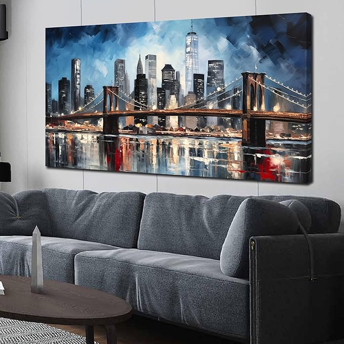 Brooklyn Bridge Wall Art for Bedroom,Modern City Large Canvas Wall Art Living Room,Blue Home Office Decor 29 x 59 Inch-Ruum Studio Home