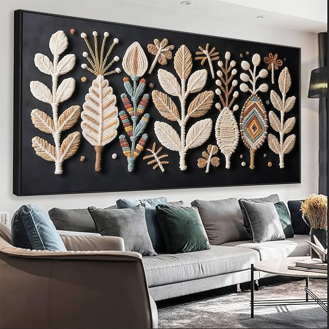 Large Boho Black Wall Art For Living Room Chic Home Wall Art Modern Multicolor Leaves Feather Canvas Wall Art Decor Picture For Bedroom Apartment Kitchen Home Wall Decor 29" X 58" With Framed-Ruum Studio Home