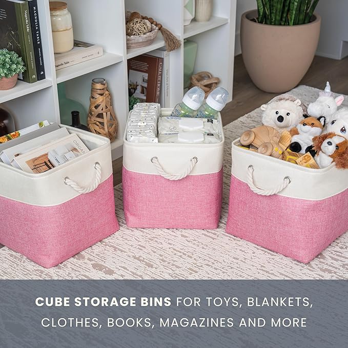 OrganiHaus 11x11 Cube Storage Bins 4 Pack, Foldable Cube Storage Organizer w/ Rope Handles, Collapsible Fabric Bins for Toys, Clothes & Closet Organization, Fabric Square Baskets - Pink/White-Ruum Studio Home