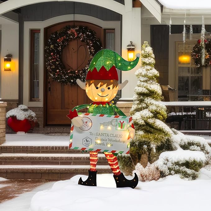 4.8FT Lighted Elf with Envelope Outdoor Christmas Decoration, 3D Pre-Lit Elf Decor with 100 LED Lights for Christmas, Freestanding Glittered Holiday Display for Outdoor, Indoor-Ruum Studio Home