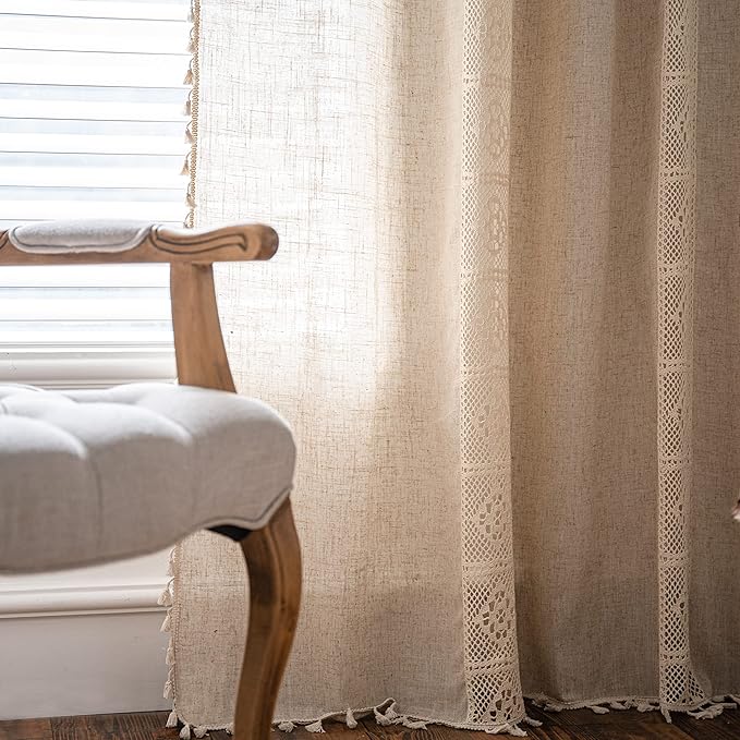 Sutuo Home Boho Curtains for Bedroom Nursery, Bohemian Semi-Blackout Geometric Crochet Hollow Lace Patchwork with Textured Linen Fabric Farmhouse Tassels Rod Pocket Window Drapes, 59"W x 72"L, 1 Panel-Ruum Studio Home