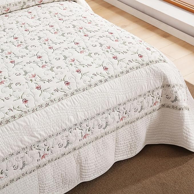 MarCielo 3-Piece 100% Cotton Oversized Bedspread Lightweight Quilt Coverlet Embroidery Farmhouse Bedding Set (TC Soft White,Oversized Queen (100"x106"))-Ruum Studio Home