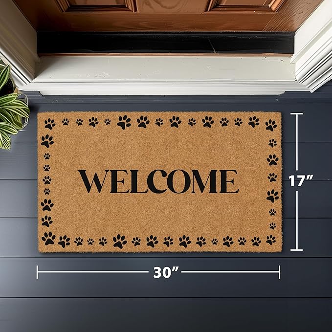 Barnyard Designs Natural Coco Coir Heavy Duty Backing Doormat - Large Cute Non-Slip Front Door Welcome Mat for Outside Entrance or Porch Entry, Brown (17x30, Welcome Paws)-Ruum Studio Home
