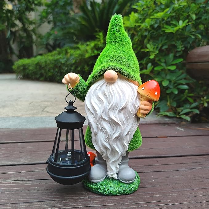 Solar Gnomes Garden Statues,Resin Gnome Figurine Holding Mushroom and Solar Lights Lantern,Outdoor Yard Art Decorations for Garden Patio Lawn-Ruum Studio Home