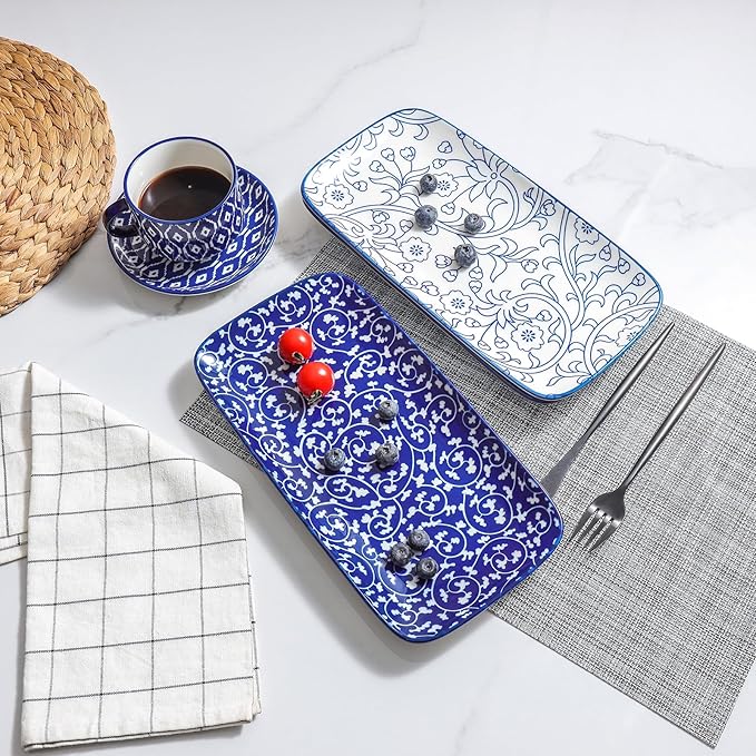 Selamica Ceramic Serving Platters, 14 Inch Serving Trays for Party Entertaining, Large Rectangular Serving Plates for Appetizer, Charcuterie, Dessert, Fruit, Set of 4, Vintage Blue-Ruum Studio Home