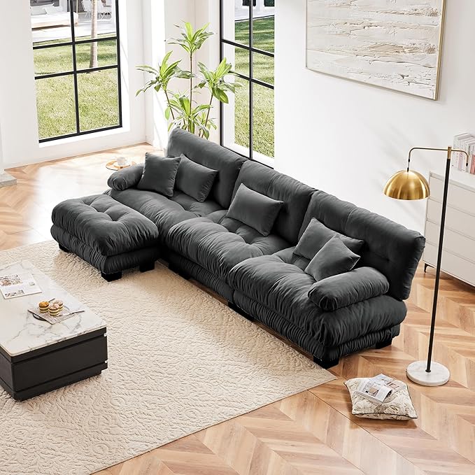 L Shaped Couch Sectional Couch, 3-Seater Cloud Couch Sectional Oversized Couch, Sofa Bed Couch with Round Bolster Armrests 5 Pillows, Modular Couch Home Sofa Living Room Couch(Gray)-Ruum Studio Home
