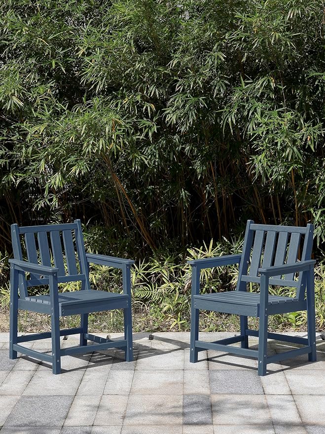 Patio Dining Chair Set of 2, HDPE Outdoor Dining Chair, Ergonomic HDPE Dining Chairs with Deep Seating, All Weather Outdoor Chairs Furniture for Backyard, Deck, Garden, Poolside, Navy-Ruum Studio Home