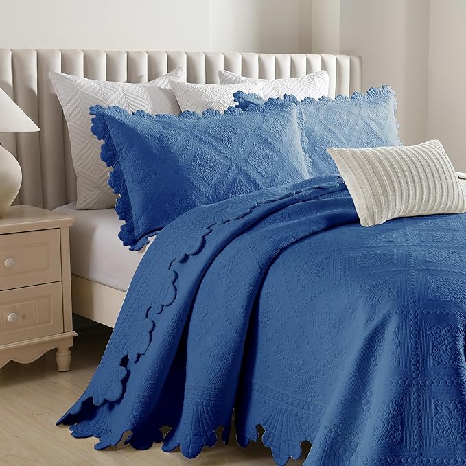 MarCielo 3-Piece 100% Cotton Oversized Bedspread Lightweight Quilt Coverlet Embroidery Farmhouse Bedding Set (Tk Midtone Blue, Oversized King (118"x106"))-Ruum Studio Home