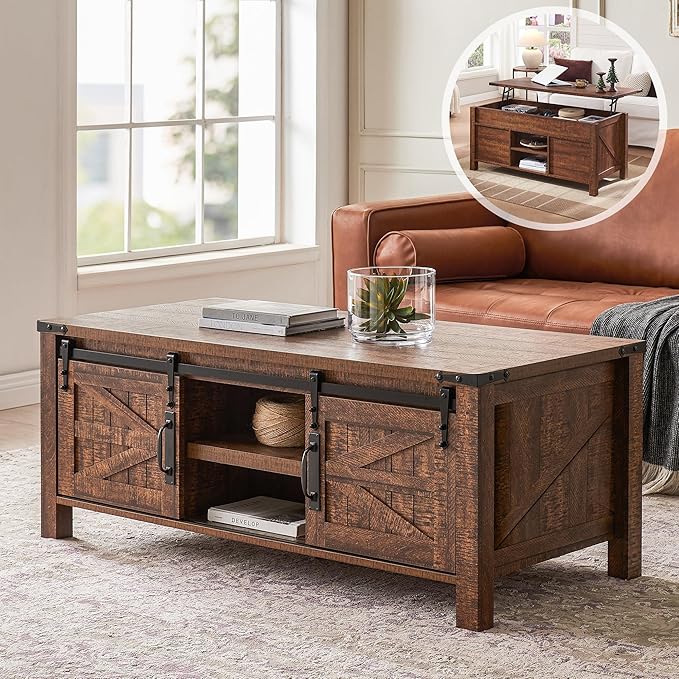 OKD 48" Farmhouse Lift Top Coffee Table with Sliding Barn Door,Rustic Center Table with Hidden Storage Compartment,Lifting Tabletop and Adjustable Shelf for Living Room,Office,Reclaimed Barnwood-Ruum Studio Home